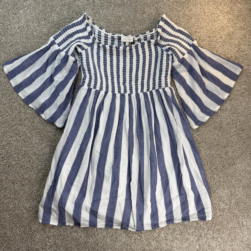 Lucky Brand Dress Womens M Blue Striped 3/4 Bell Sleeve Off Shoulder Sundress
